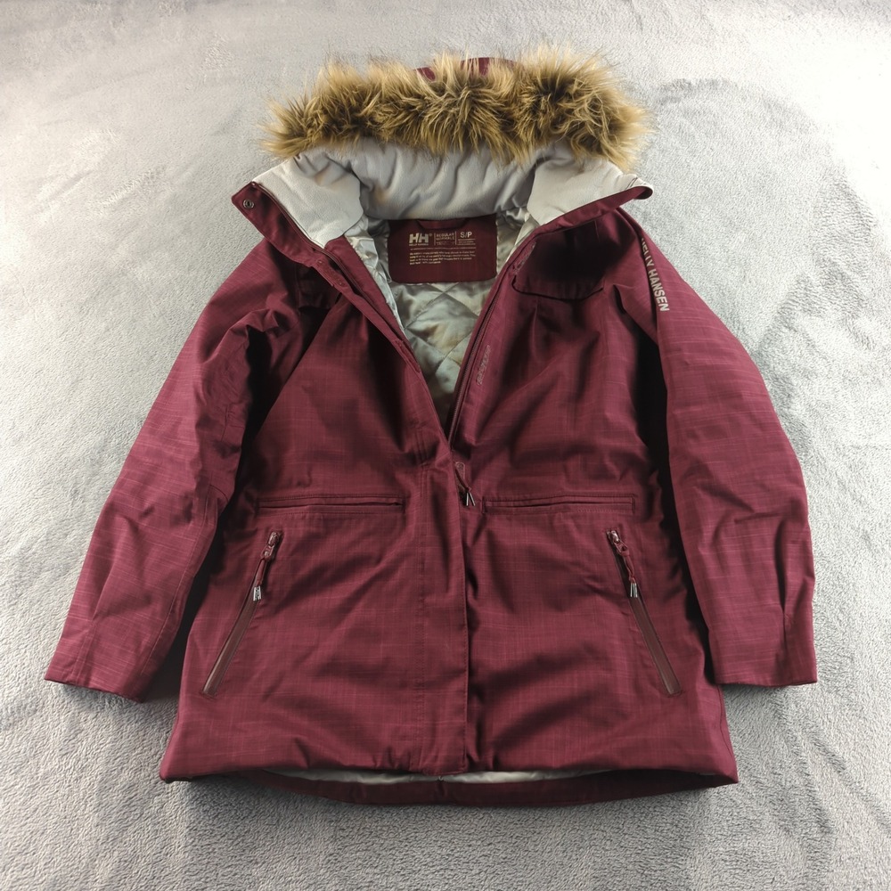 Helly Hansen Ski Jacket Womens S Red Insulated Winter Coat Outdoor Faux Fur Hood
